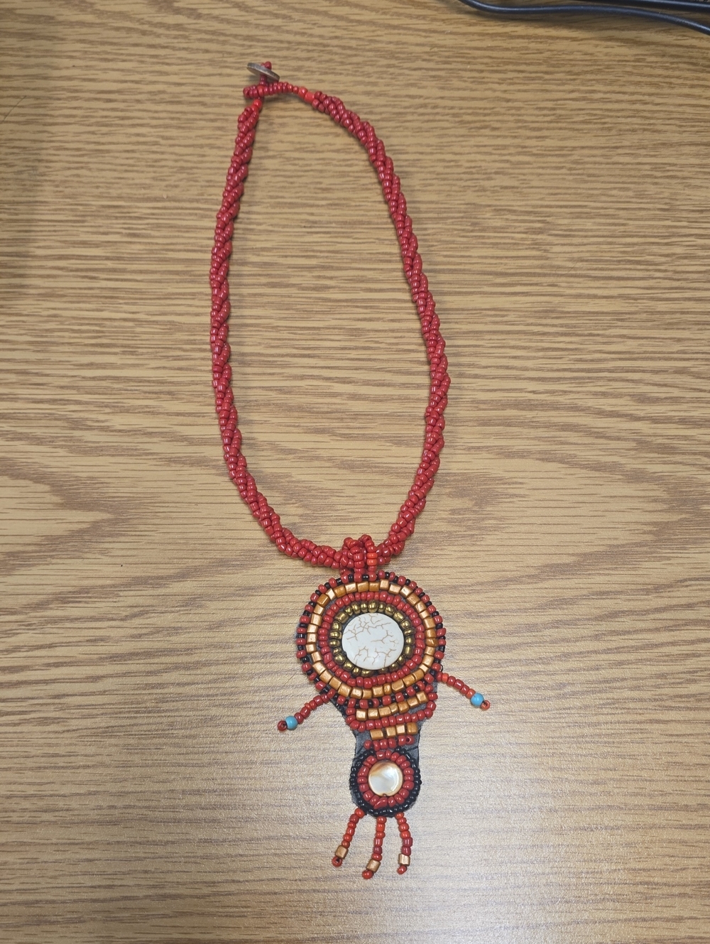 Handmade Red Beaded Pendant Necklace with Stone Accents